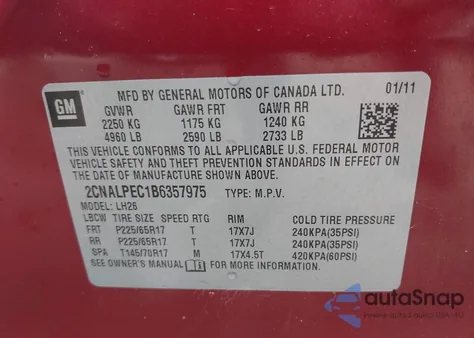 2011 Chevrolet Equinox 2Lt from USA, damaged, VIN 2CNALPEC1B6357975